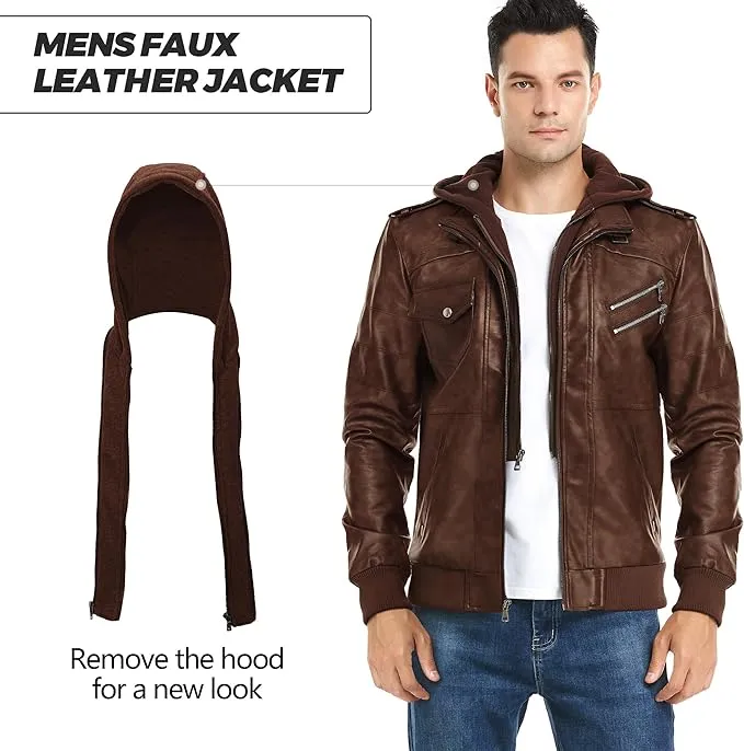New JYG Men's Faux Leather Jacket Stand Collar Motorcycle Bomber Jackets with Removable Hood Sz M