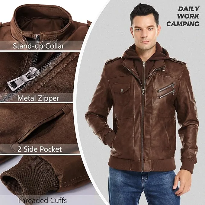 New JYG Men's Faux Leather Jacket Stand Collar Motorcycle Bomber Jackets with Removable Hood Sz M