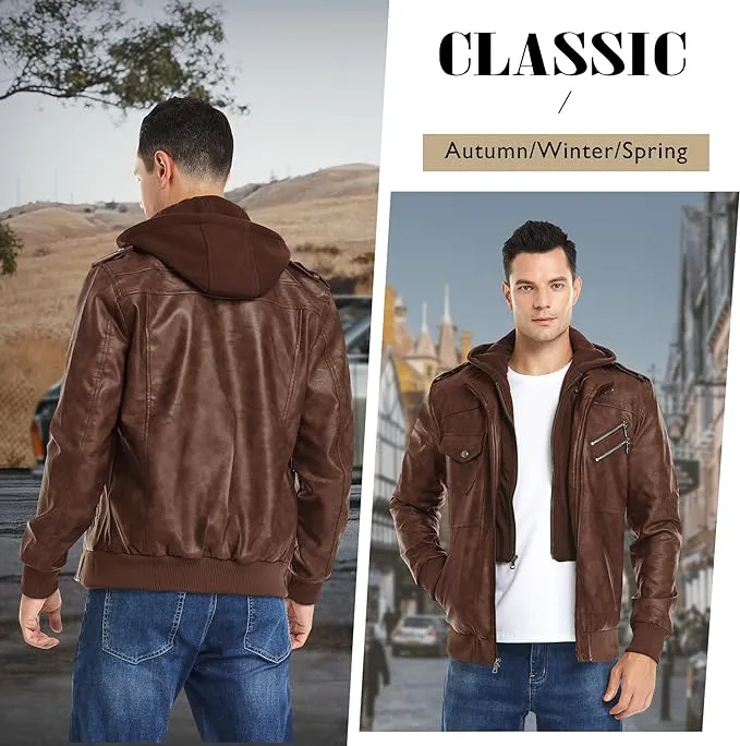 New JYG Men's Faux Leather Jacket Stand Collar Motorcycle Bomber Jackets with Removable Hood Sz M