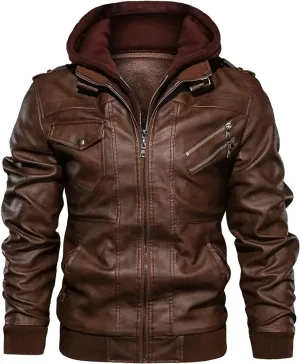 New JYG Men's Faux Leather Jacket Stand Collar Motorcycle Bomber Jackets with Removable Hood Sz M