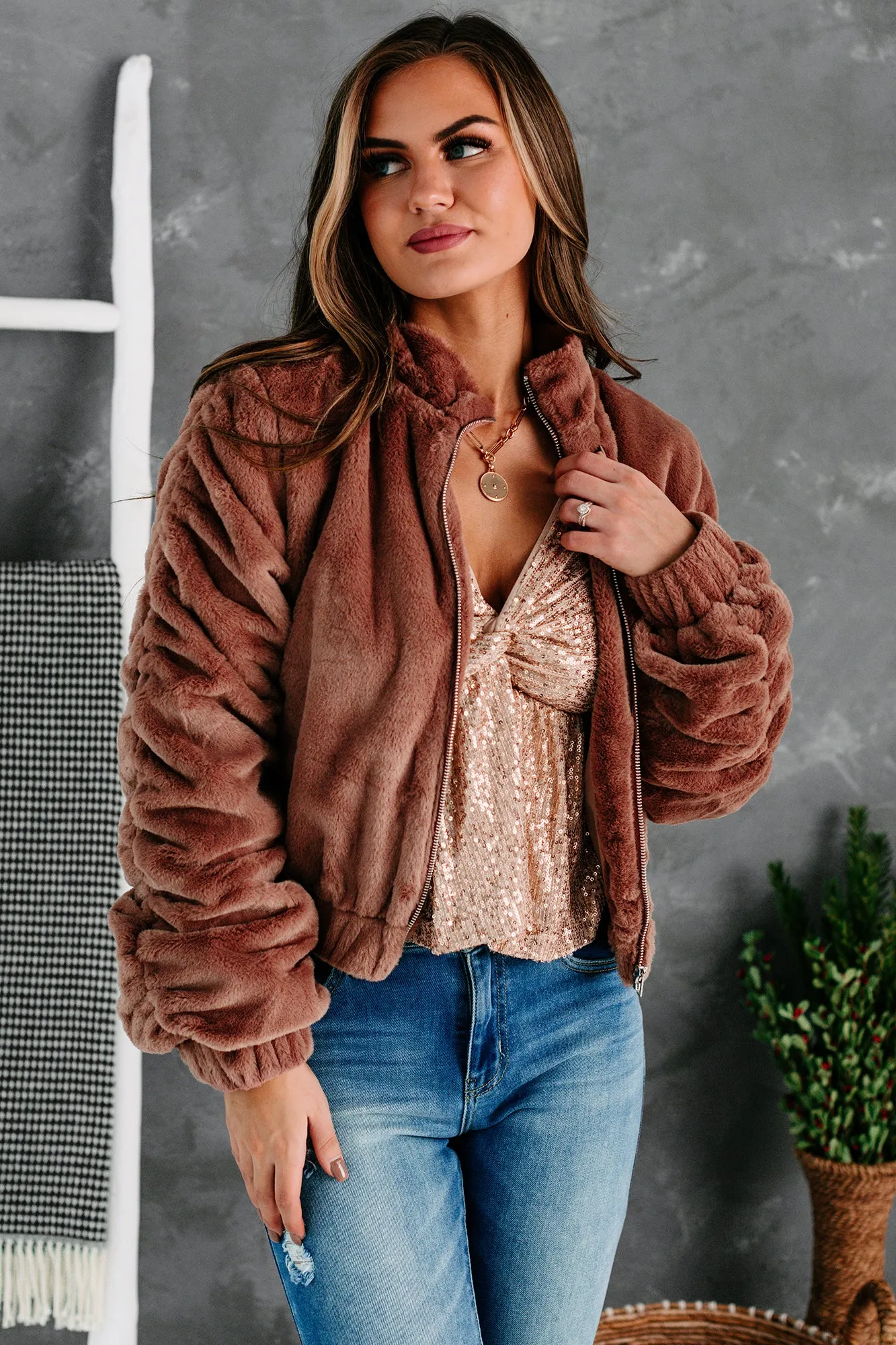 One Of The Cool Kids Ruched Faux Fur Jacket (Mauve)