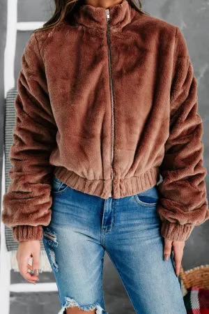 One Of The Cool Kids Ruched Faux Fur Jacket (Mauve)