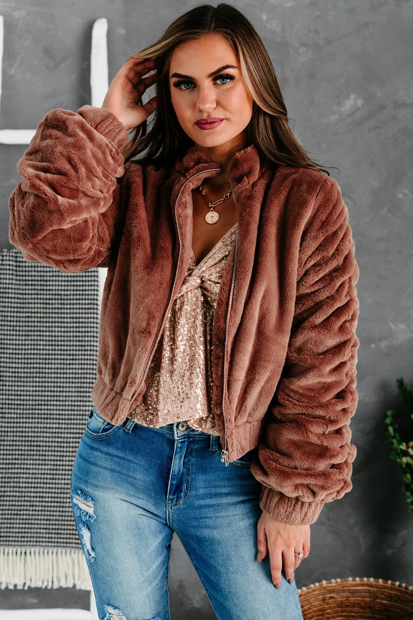 One Of The Cool Kids Ruched Faux Fur Jacket (Mauve)
