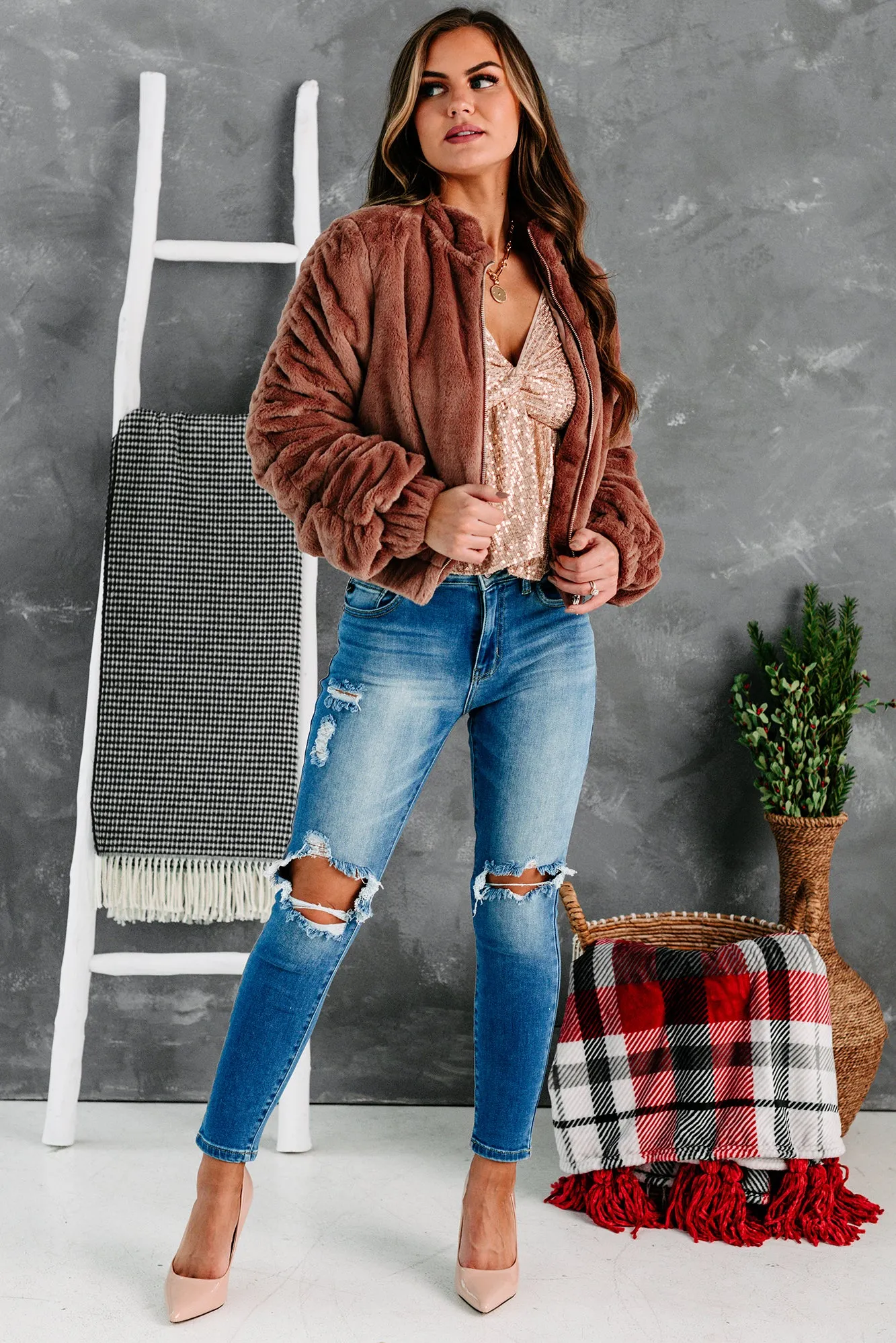 One Of The Cool Kids Ruched Faux Fur Jacket (Mauve)