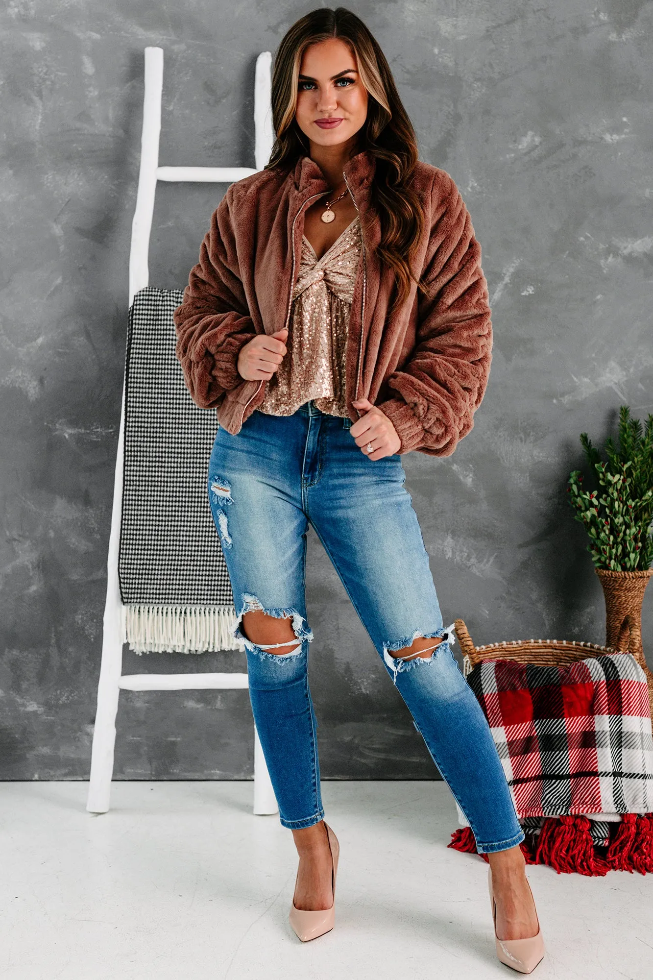One Of The Cool Kids Ruched Faux Fur Jacket (Mauve)