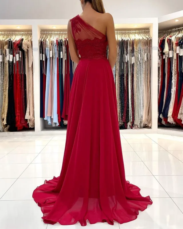 One Shoulder Red Prom Dress Sleeveless Evening Maxi Dress with Front Slit