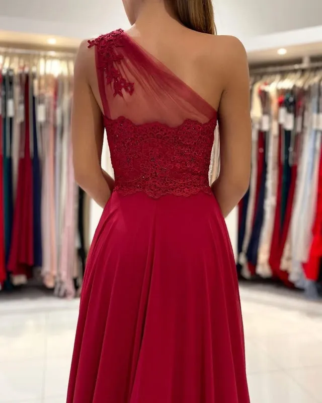 One Shoulder Red Prom Dress Sleeveless Evening Maxi Dress with Front Slit