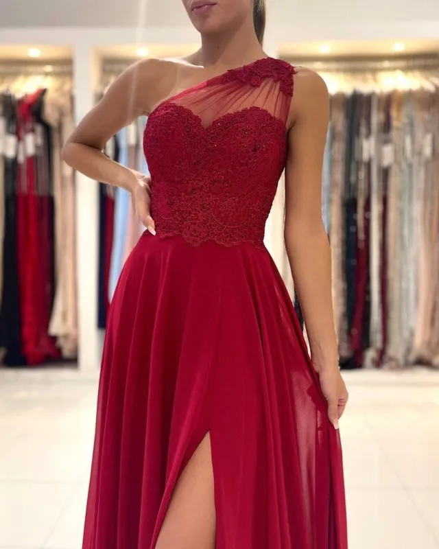 One Shoulder Red Prom Dress Sleeveless Evening Maxi Dress with Front Slit