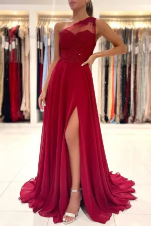 One Shoulder Red Prom Dress Sleeveless Evening Maxi Dress with Front Slit