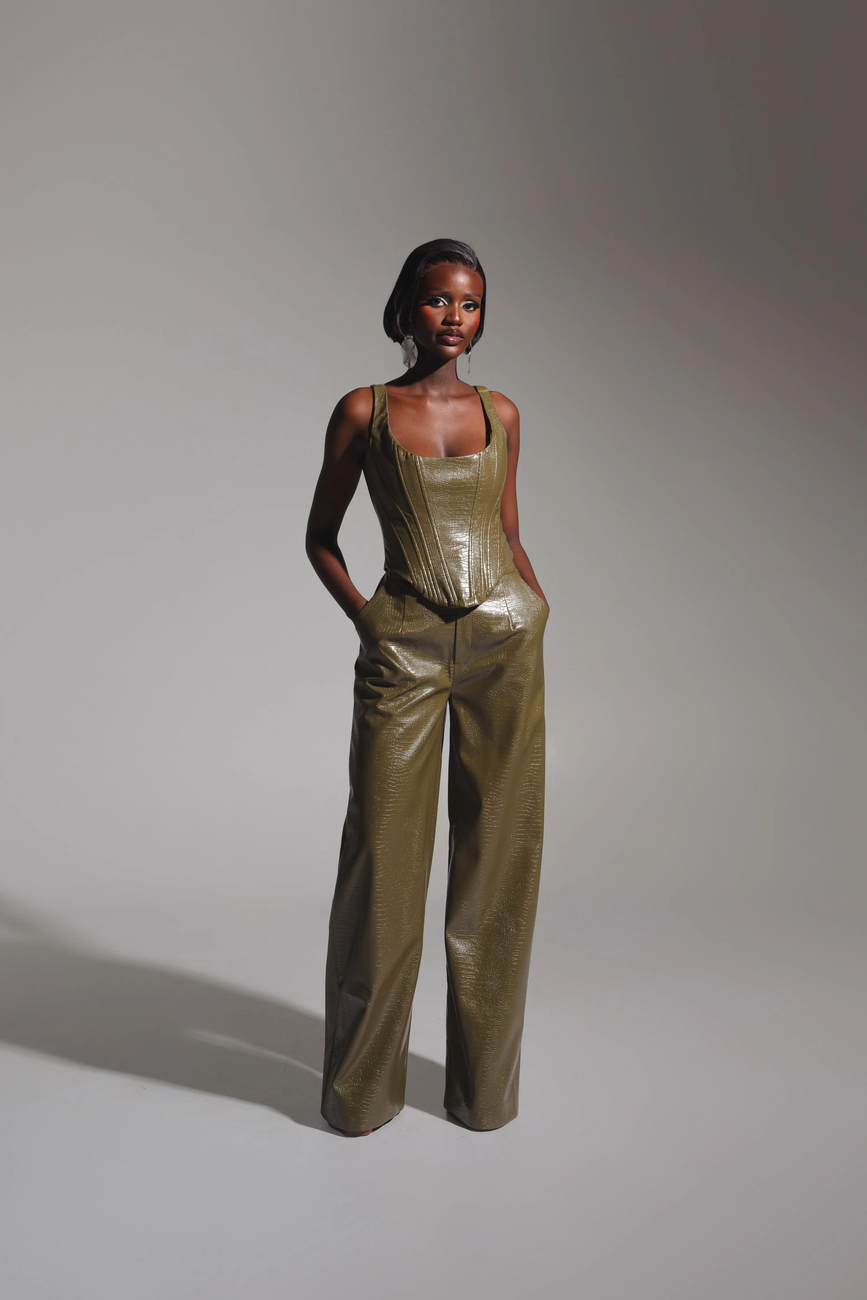 ONO Faux Leather Corset Top  in Olive