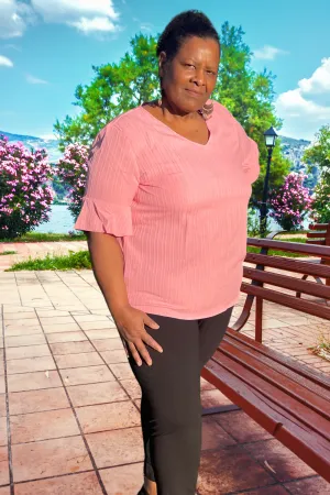 Peach Blossom Ruffled Half Sleeve V Neck Textured Plus Top