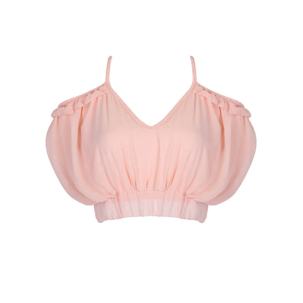 Pink Chiffon Spaghetti Strap Ruched Ruffled Cropped Camisole Cold Shoulder Cut out Backless Short Women Top