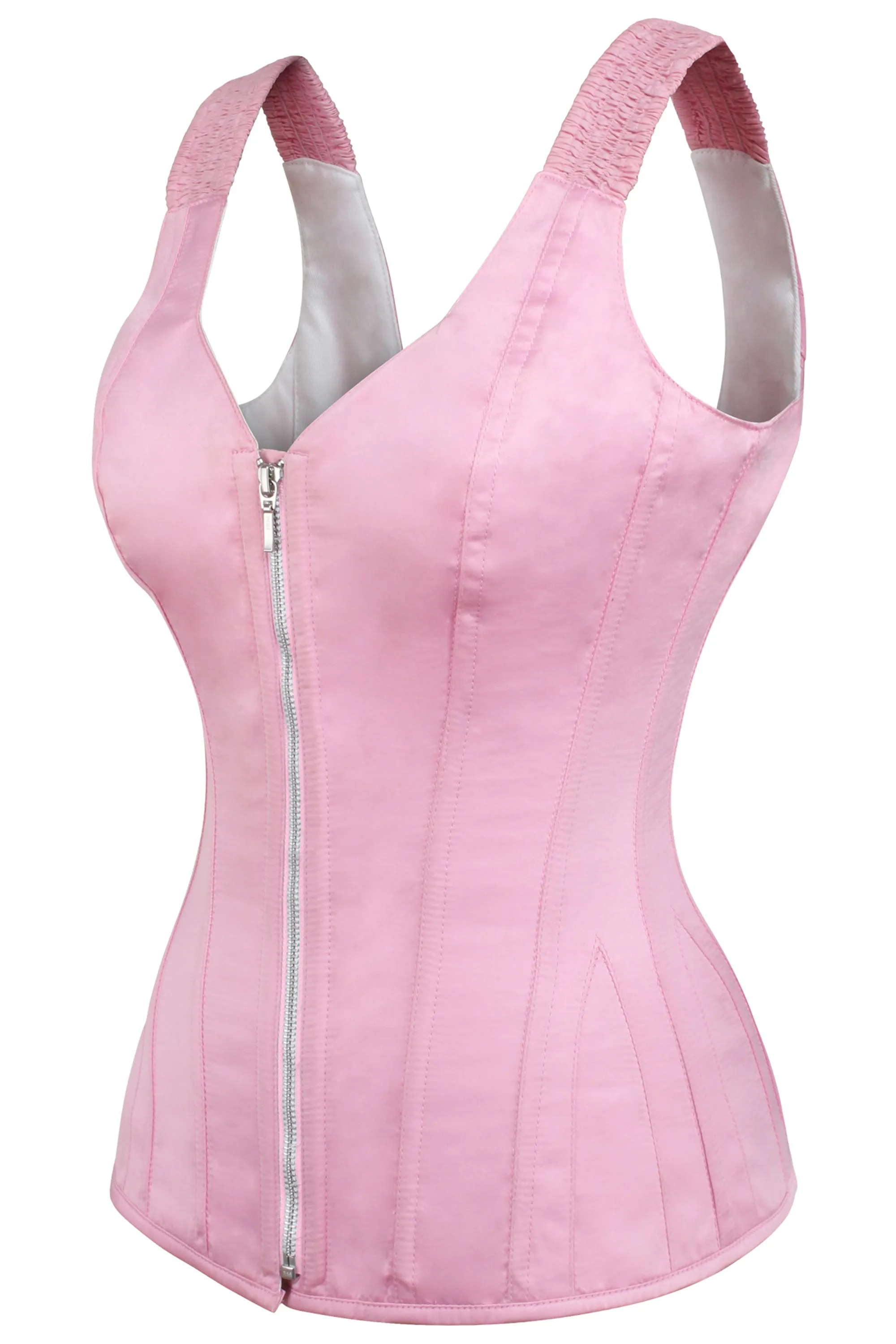 Pink Overbust Corset with Shoulder Straps and Zip
