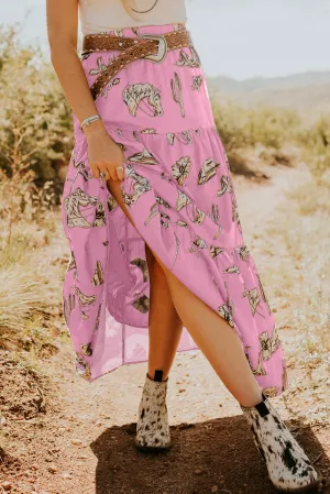 Pink Western Print Tiered Ruffled High Waist Maxi Skirt