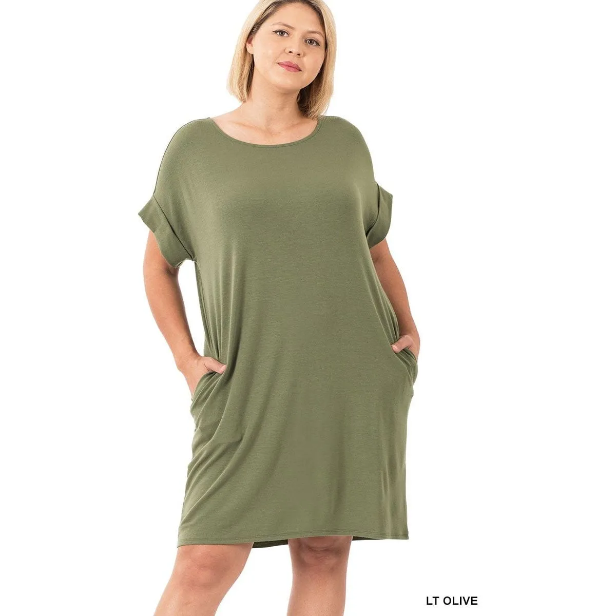 Plus Rolled Short Sleeve Round Neck Dress