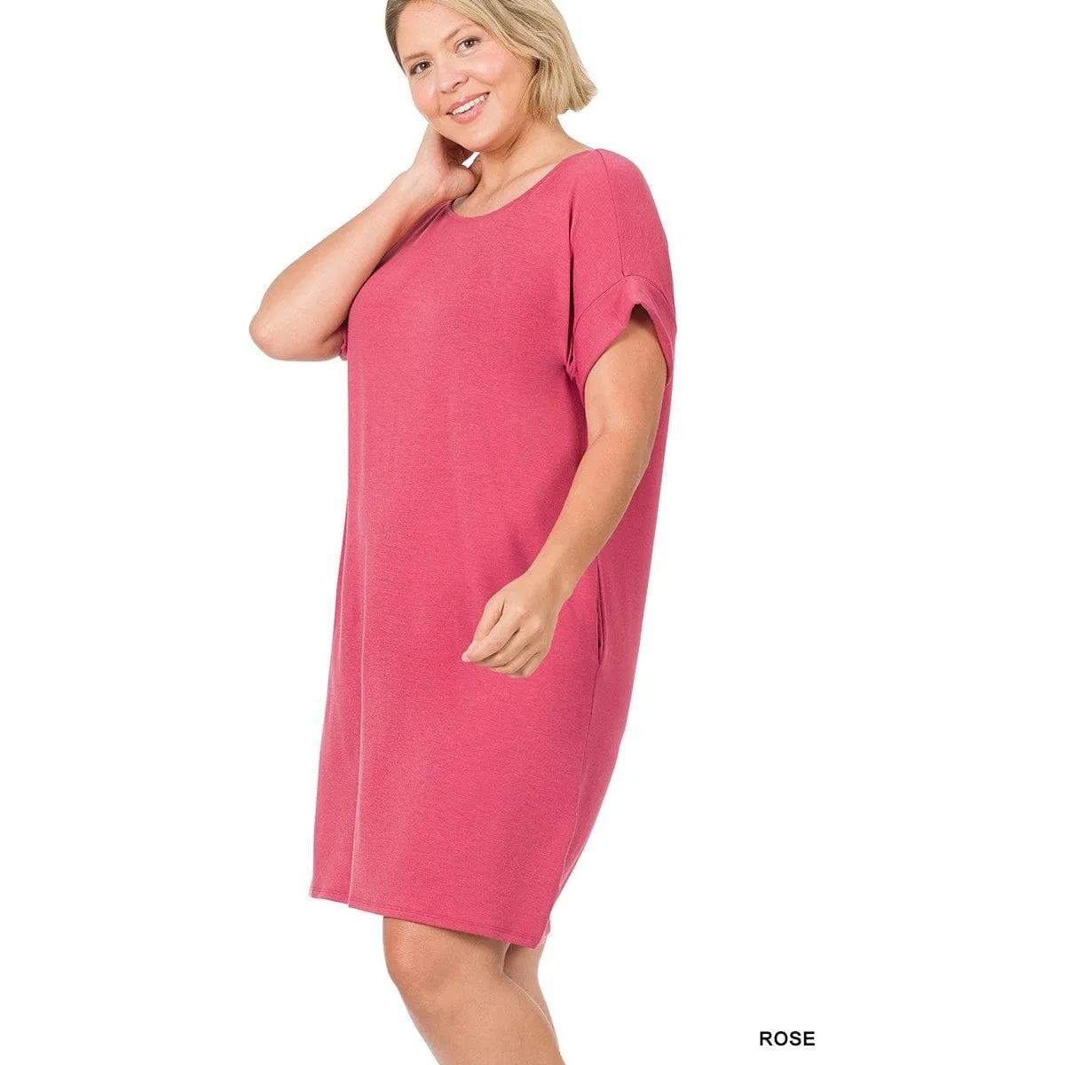 Plus Rolled Short Sleeve Round Neck Dress