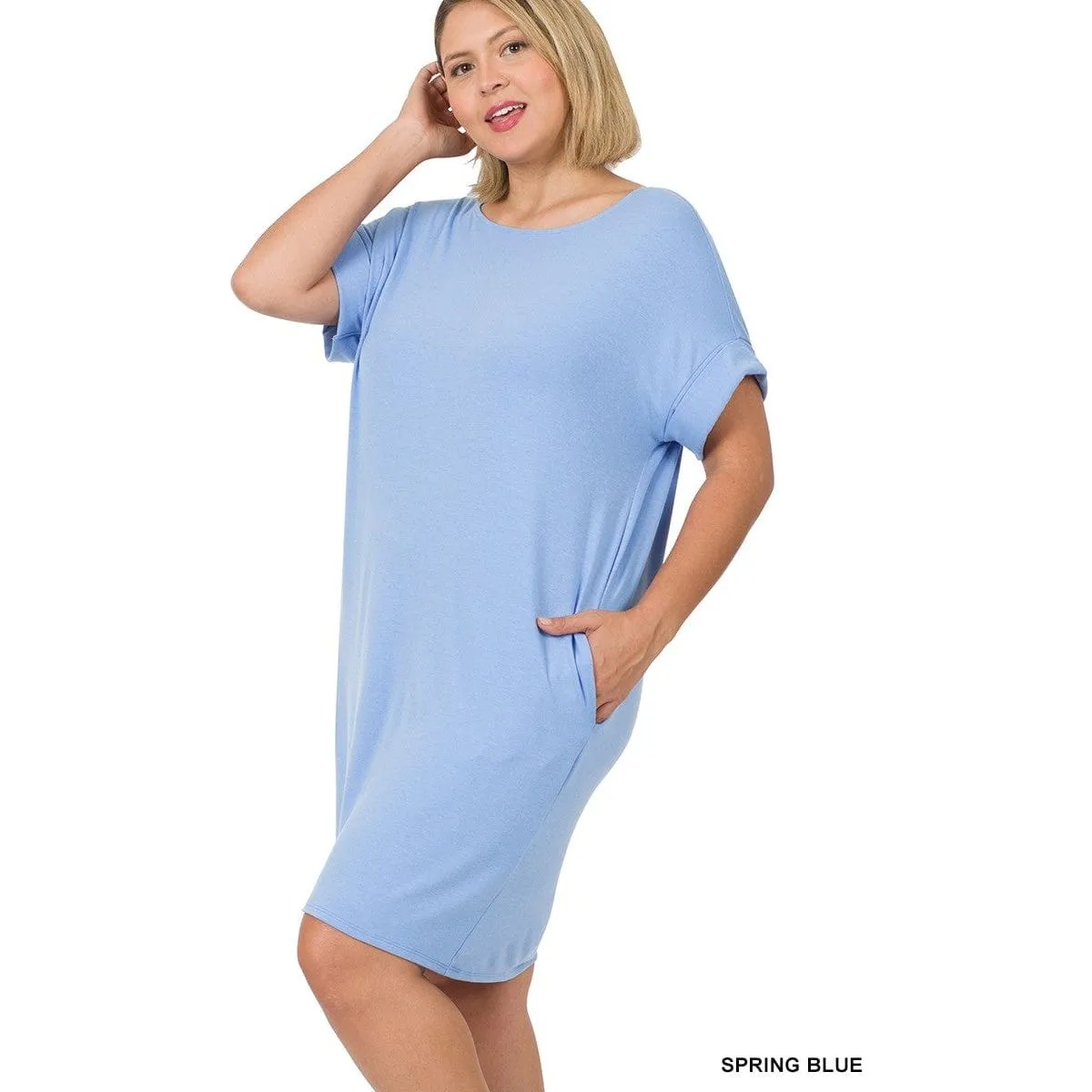Plus Rolled Short Sleeve Round Neck Dress