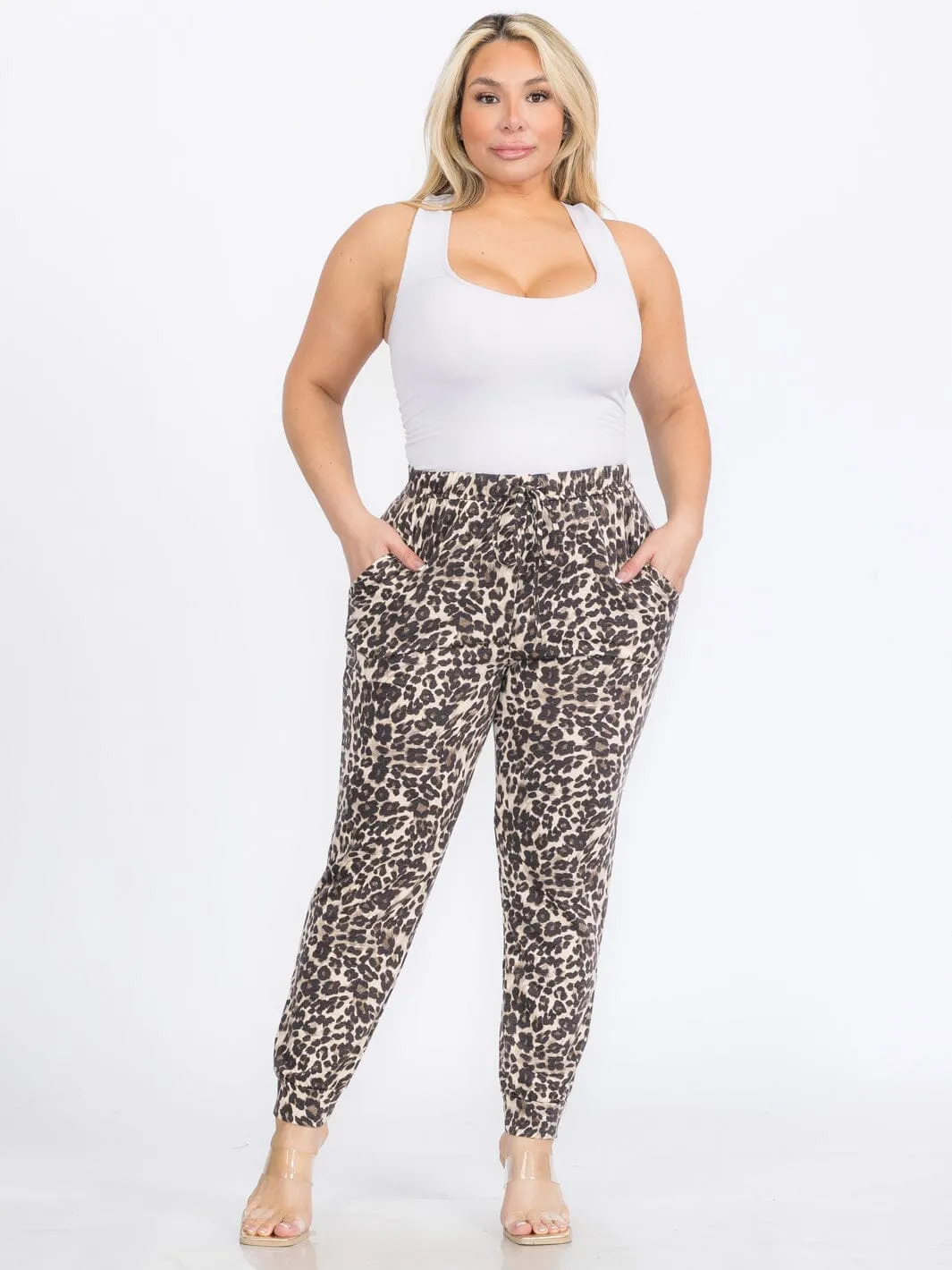 PLUS SIZE ELASTIC WAIST SELF TIE POCKETS ANIMAL PRINT SKINNY PANTS