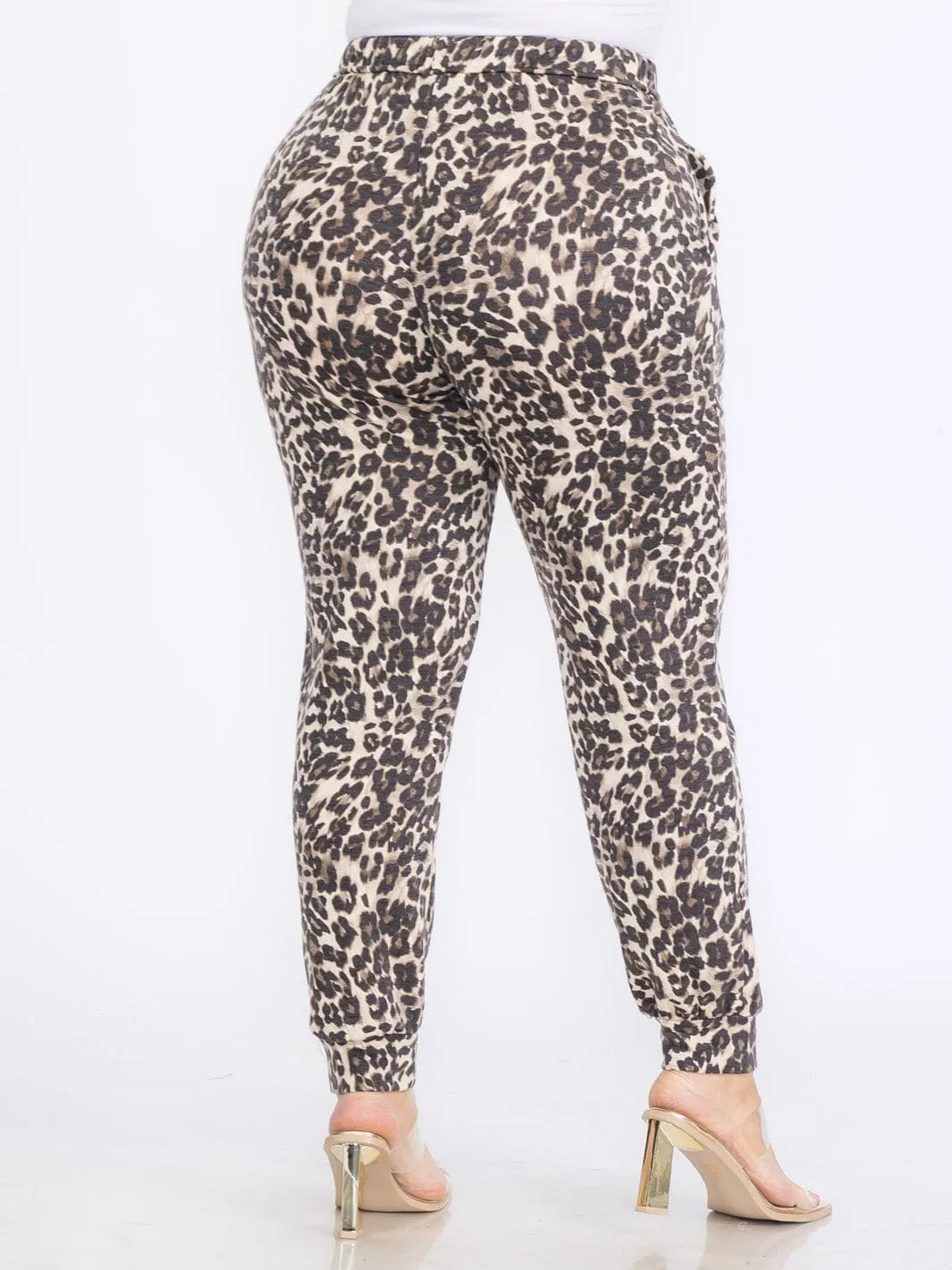 PLUS SIZE ELASTIC WAIST SELF TIE POCKETS ANIMAL PRINT SKINNY PANTS