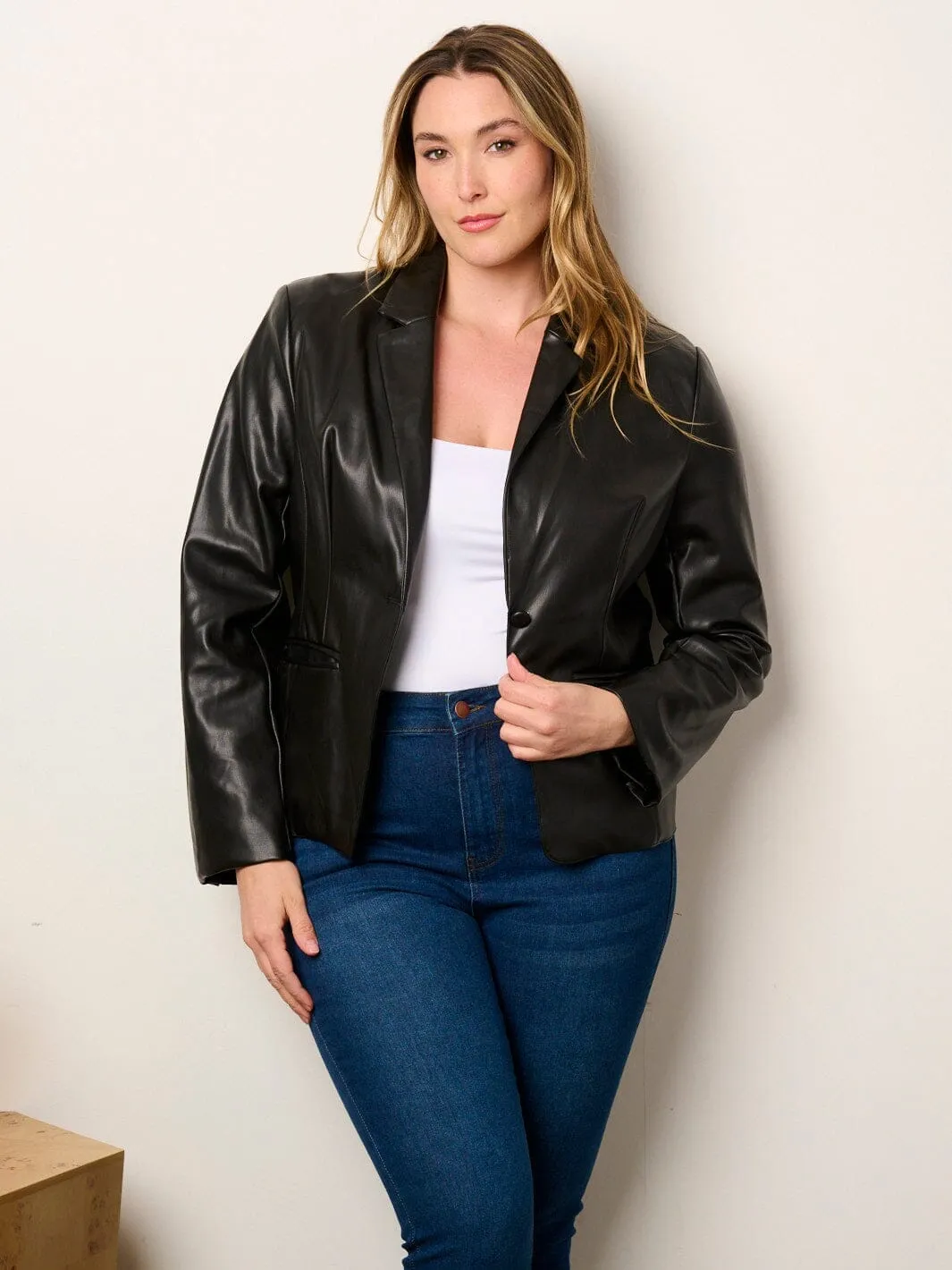 PLUS SIZE LONG SLEEVE BUTTON CLOSURE POCKETS PU PLEATHER JACKET