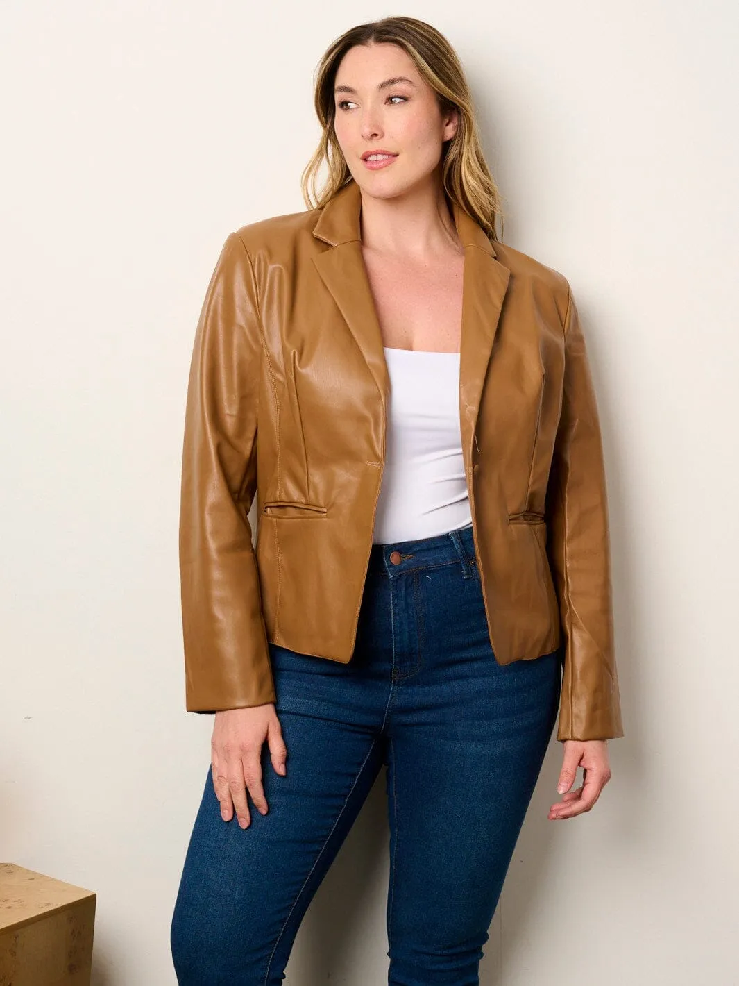 PLUS SIZE LONG SLEEVE BUTTON CLOSURE POCKETS PU PLEATHER JACKET