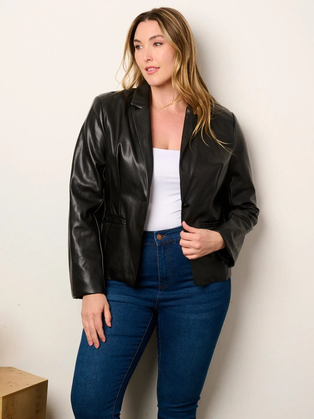PLUS SIZE LONG SLEEVE BUTTON CLOSURE POCKETS PU PLEATHER JACKET