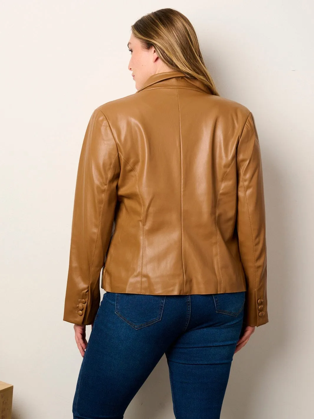 PLUS SIZE LONG SLEEVE BUTTON CLOSURE POCKETS PU PLEATHER JACKET