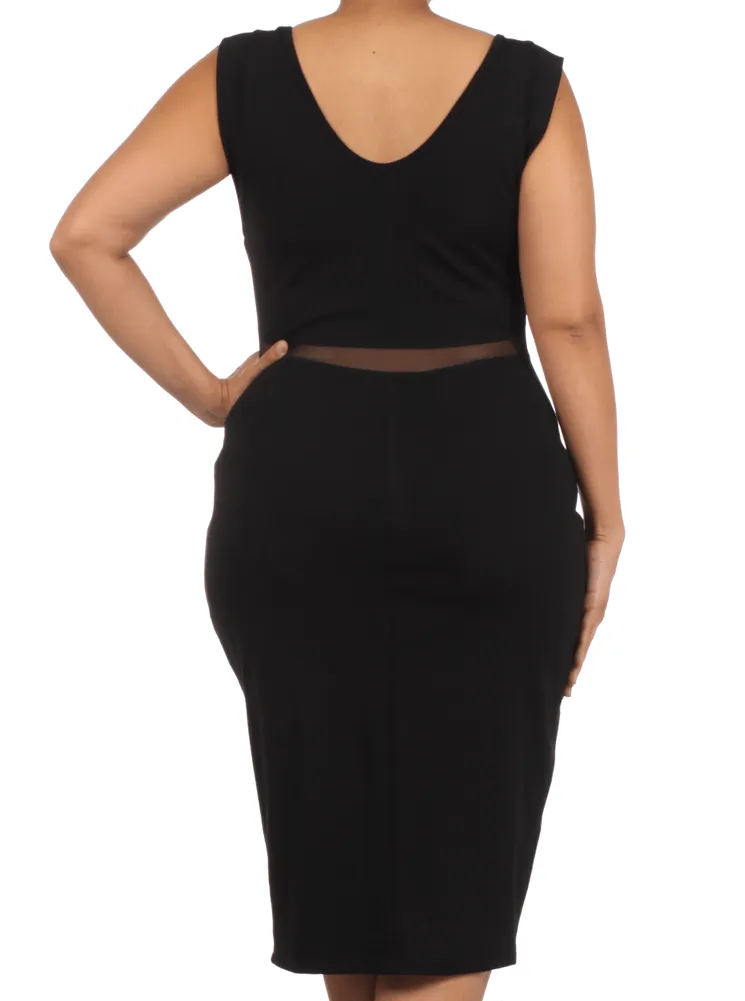 Plus Size Seductive Scuba Mesh Midi Black Dress