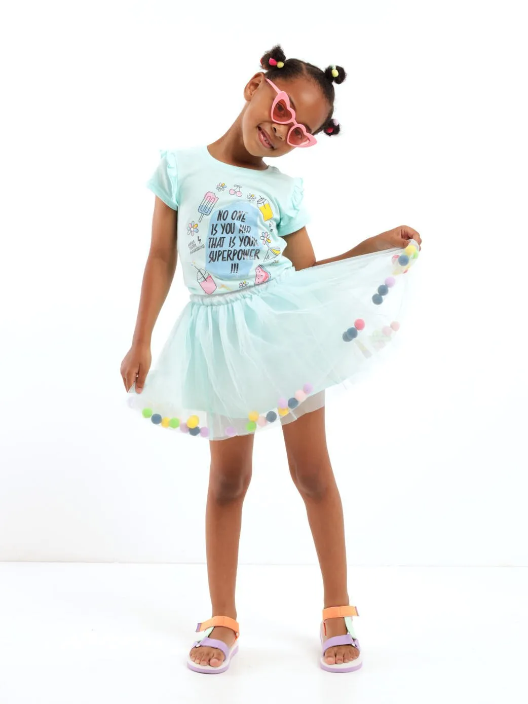 Pre-Girls Tulle Skirt With Bobbles - Blue