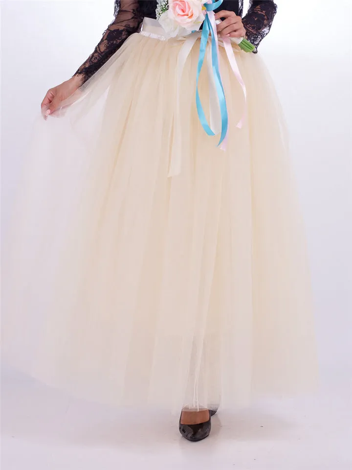 Pretty Trendy Solid Color 7 Layers One Size Long Tulle Skirts For Women