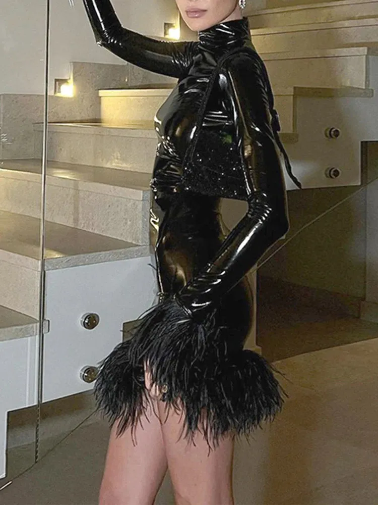 PU Leather Feathers Mini Bodycon Dress