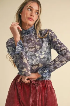 Purple Blue Floral Sheer Flutter Sleeve Mesh