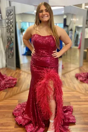 Red Plus Size Sequin Long Prom Dresses Mermaid Strapless Slit with Feather