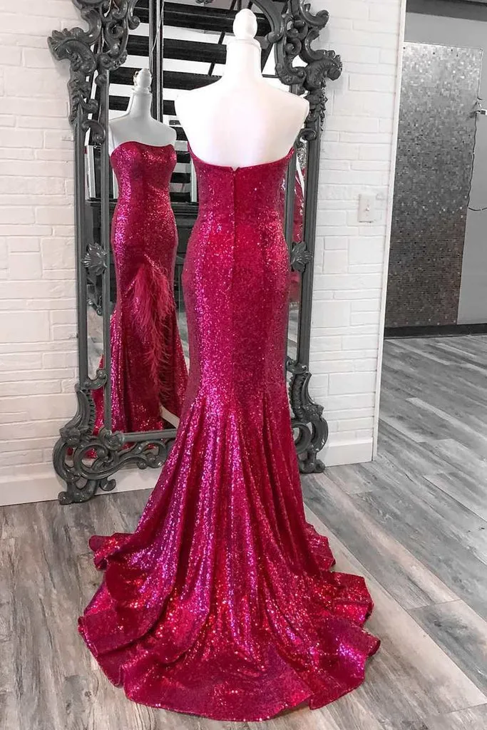 Red Plus Size Sequin Long Prom Dresses Mermaid Strapless Slit with Feather