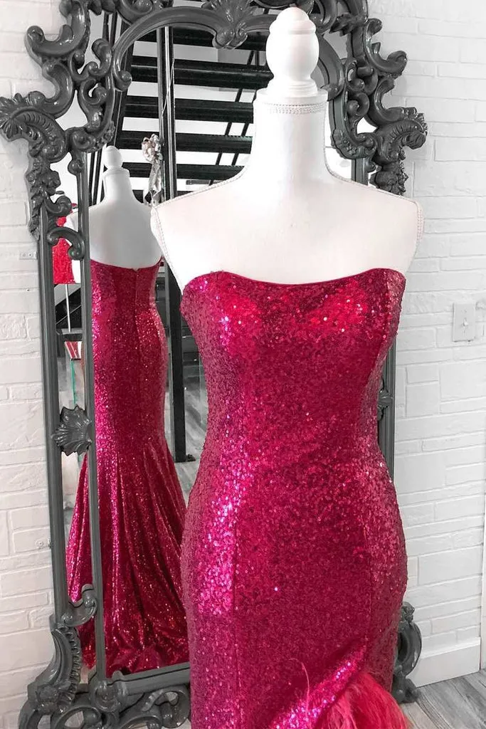 Red Plus Size Sequin Long Prom Dresses Mermaid Strapless Slit with Feather