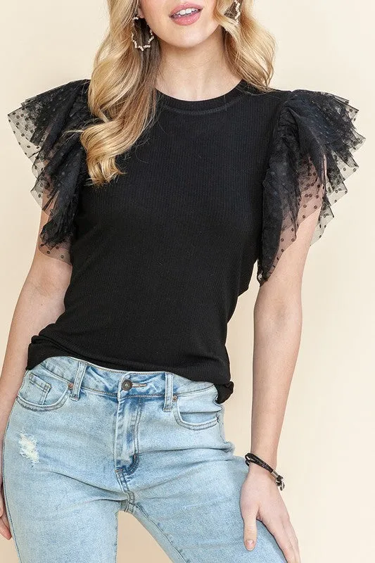 Ribbed Ruffle Dot Lace Tulle Mesh Sleeve Top