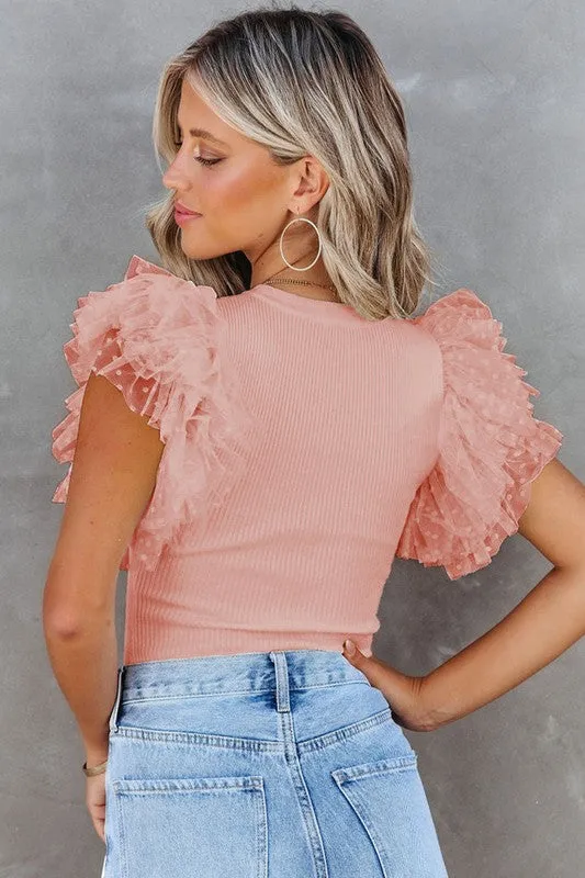 Ribbed Ruffle Dot Lace Tulle Mesh Sleeve Top