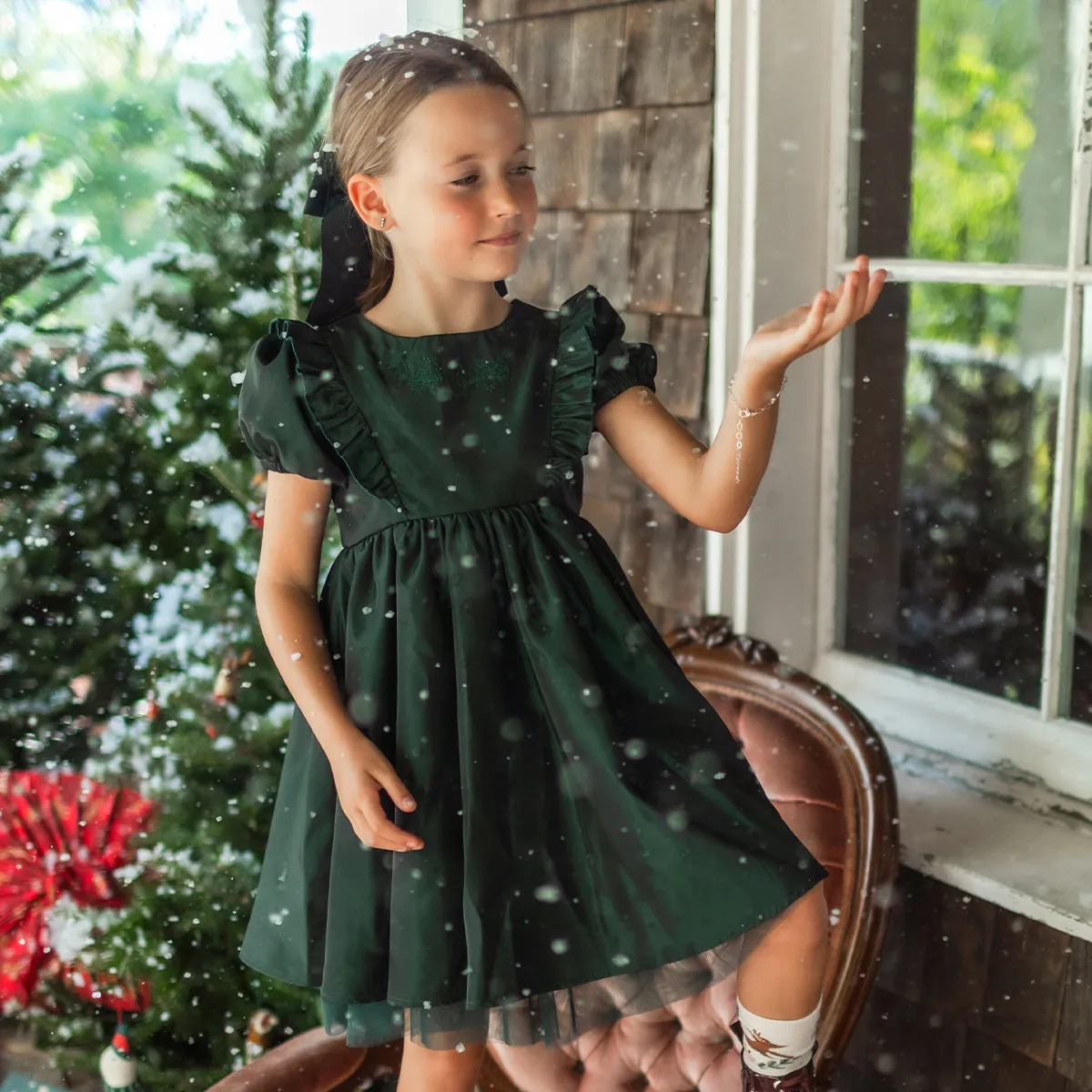Robe émeraude en taffetas et tulle avec volants, enfant || Emerald dress in taffeta and tulle with ruffles, child