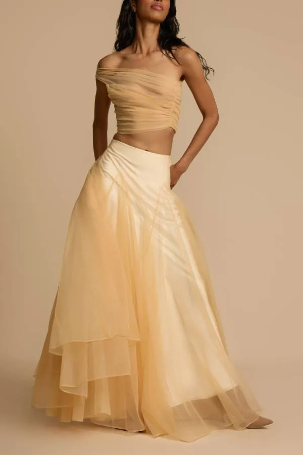 Romance Factor Semi-sheer Tulle One Shoulder Ruched Crop Top