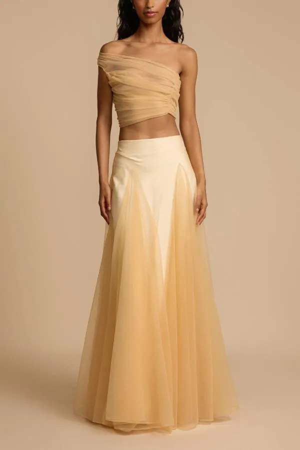 Romance Factor Semi-sheer Tulle One Shoulder Ruched Crop Top