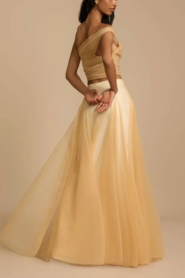 Romance Factor Semi-sheer Tulle One Shoulder Ruched Crop Top