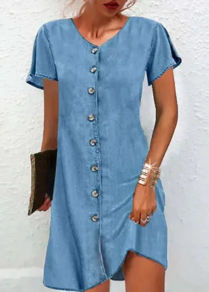 Ronery - simple denim dress with short sleeves and V-neckline