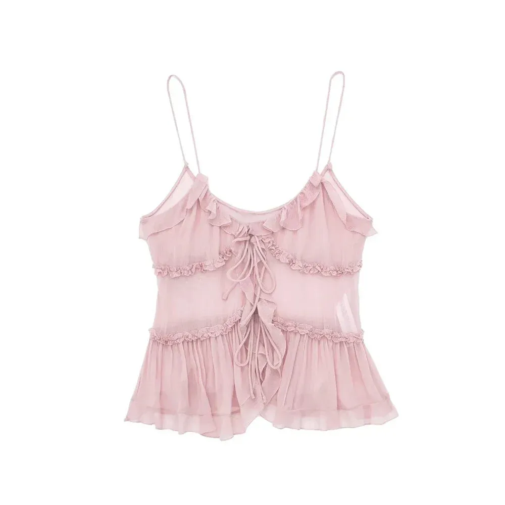 Ruffled Front Tied Semi-Sheer Tank Top for Women