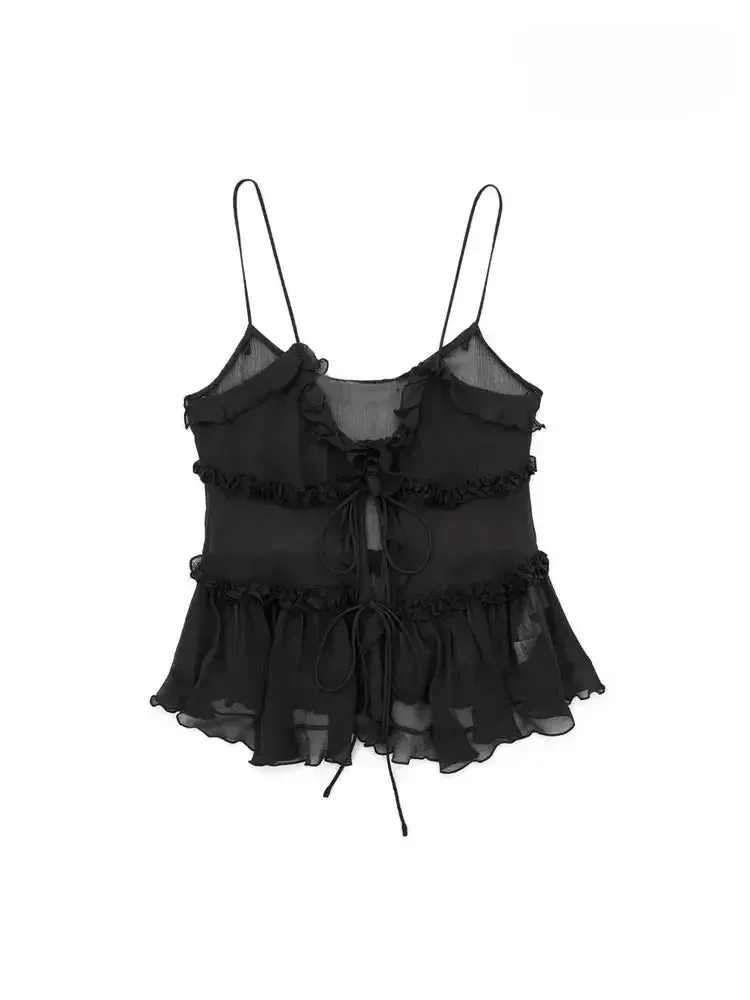 Ruffled Front Tied Semi-Sheer Tank Top for Women