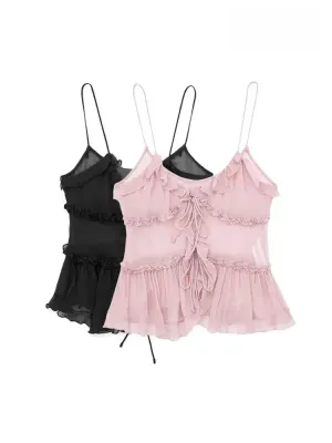 Ruffled Front Tied Semi-Sheer Tank Top for Women