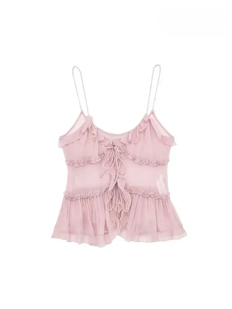 Ruffled Front Tied Semi-Sheer Tank Top for Women