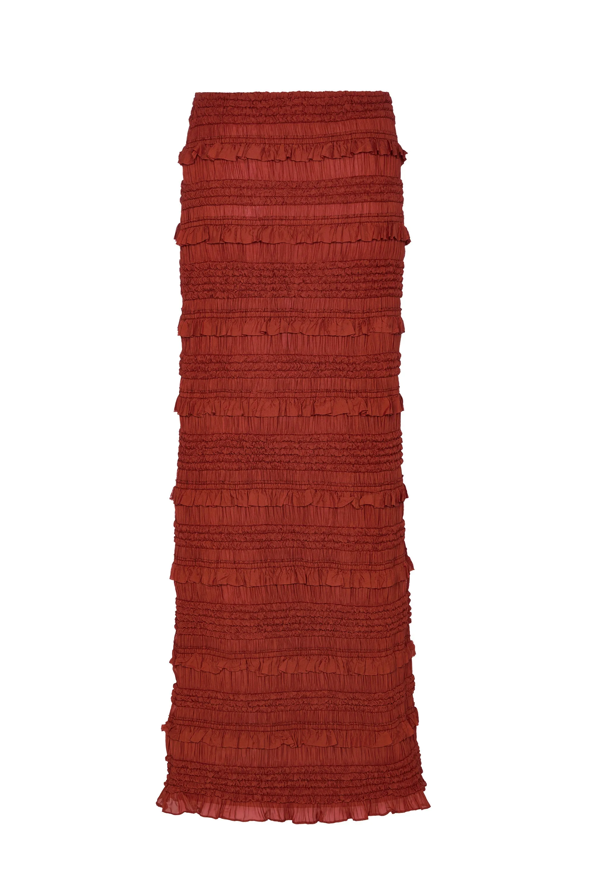 Ruffled Mid-Rise Maxi Skirt in Burnt Red