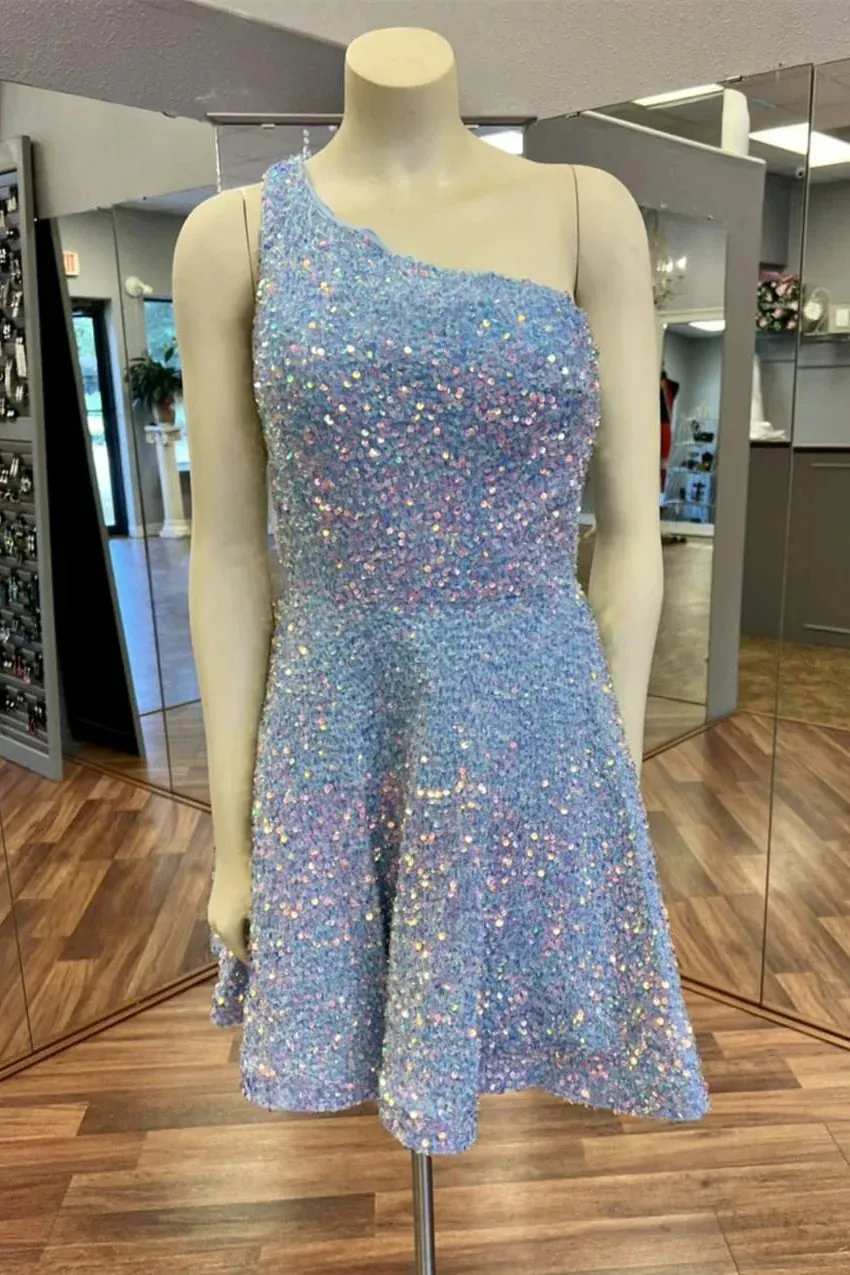 Sequin Royal Blue Homecoming Dress One Shoulder Short Prom Dresses