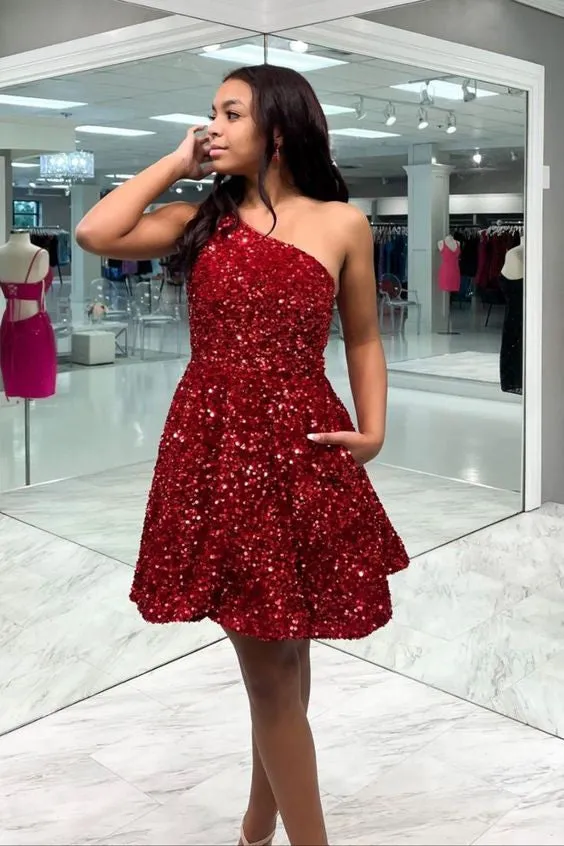 Sequin Royal Blue Homecoming Dress One Shoulder Short Prom Dresses
