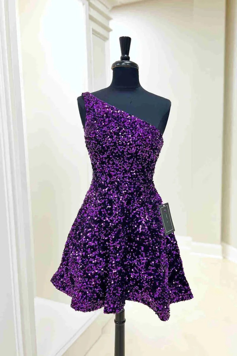 Sequin Royal Blue Homecoming Dress One Shoulder Short Prom Dresses